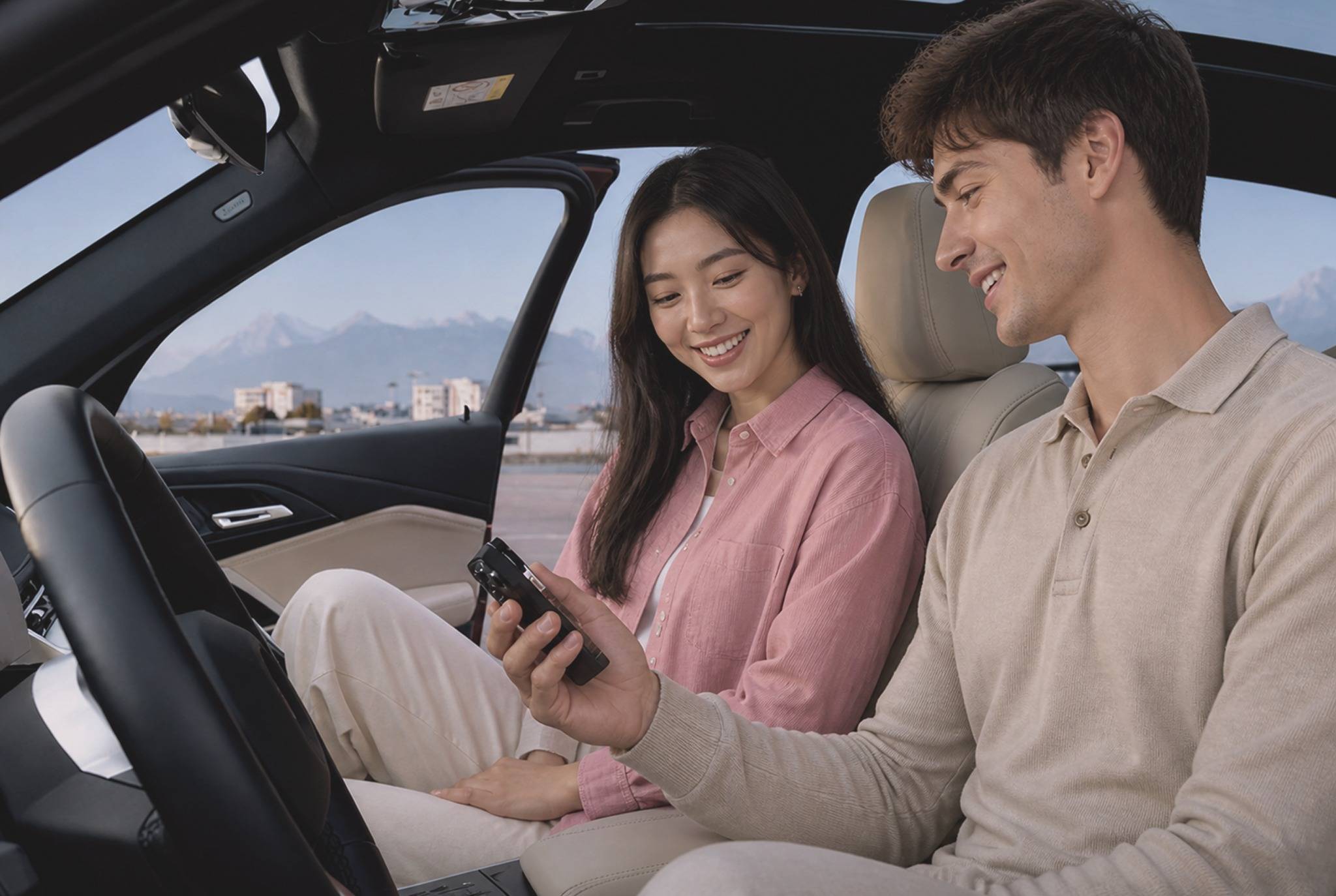 Femme utilisant son téléphone près de sa voiture